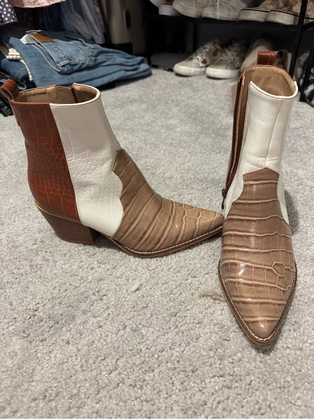 Two-Tone Croc-Embossed Pointed Ankle Booties in Brown & Cream